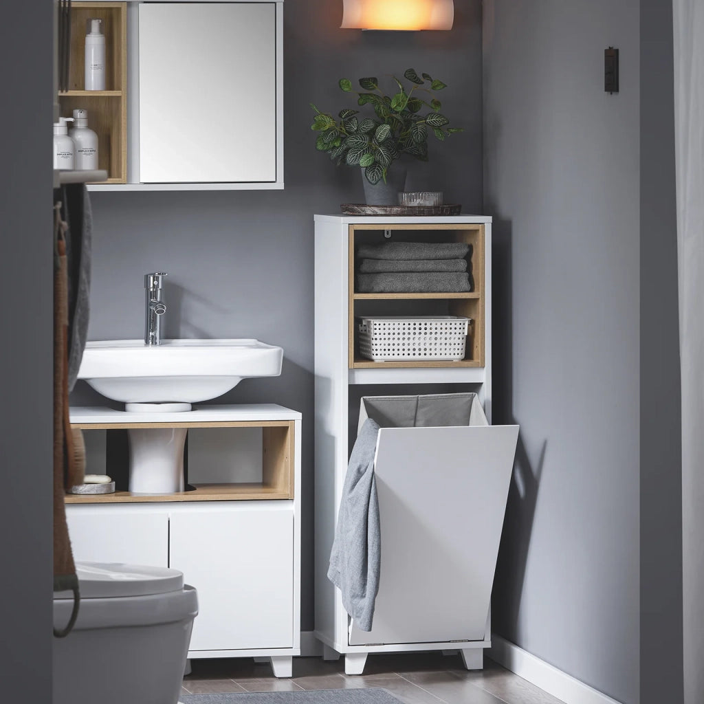 Mobiletto da bagno con cesto portabiancheria Mobiletto salvaspazio Cassettiera Bagno 35x30x105cm Bianco BZR146-W