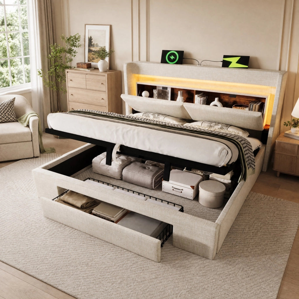 LETTO Contenitore 180x200 cm Beige in lino con LED e porte USB-C