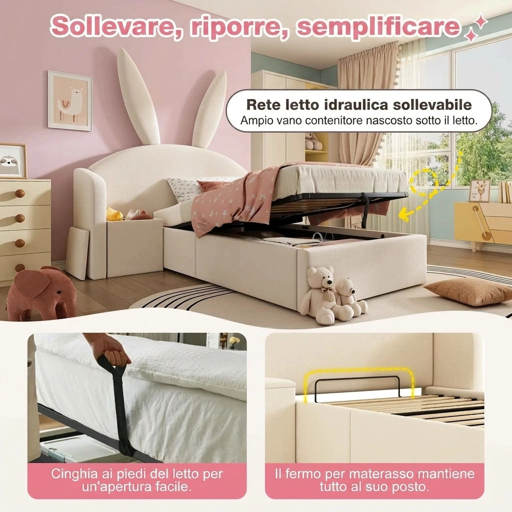 Letto singolo 90x200 con contenitore e comodino; letto imbottito design orecchie da coniglio; struttura letto in velluto beige
