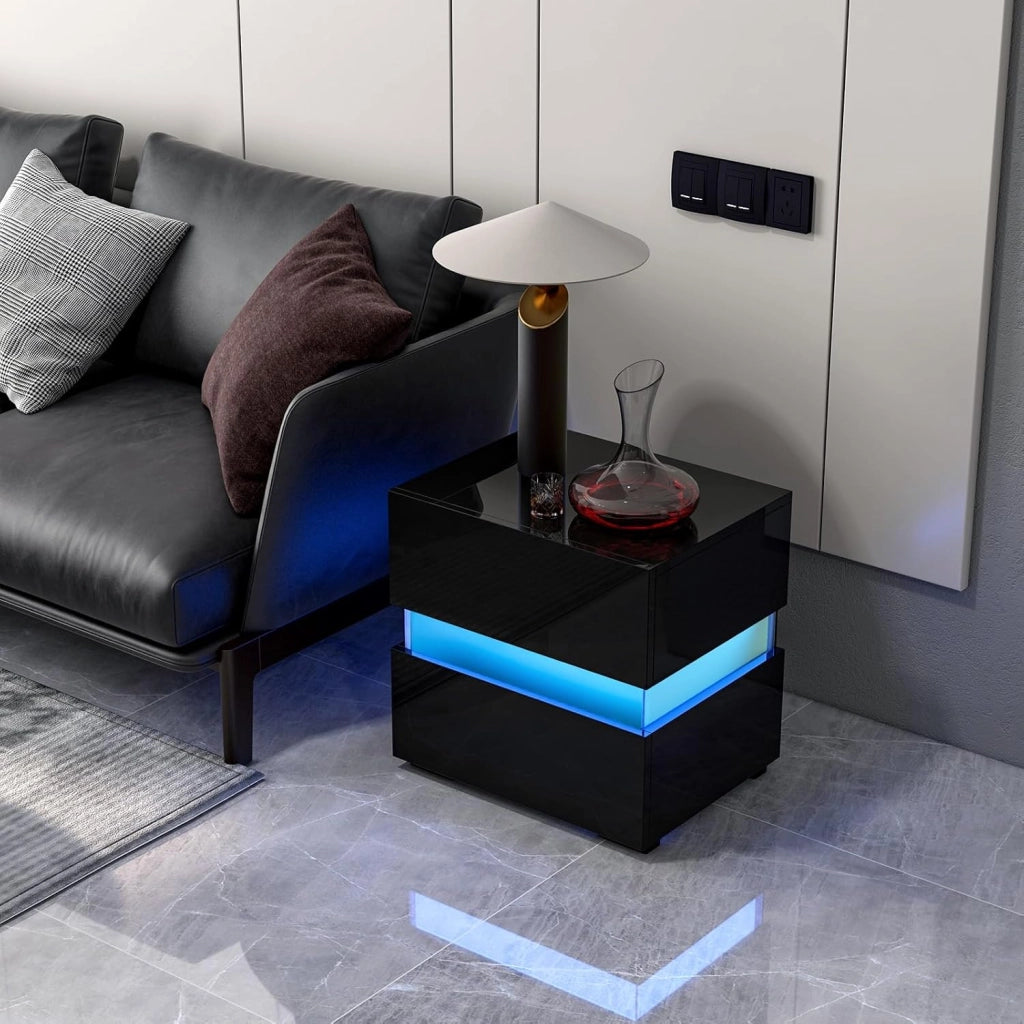Tavolino a LED, Tavolino con Cassetto, Telecomando, 22 Modalità di Luce, 10 Velocità e 5 Luminosità, Comodino Moderno da Salotto e Camera da Letto (2, Nero)