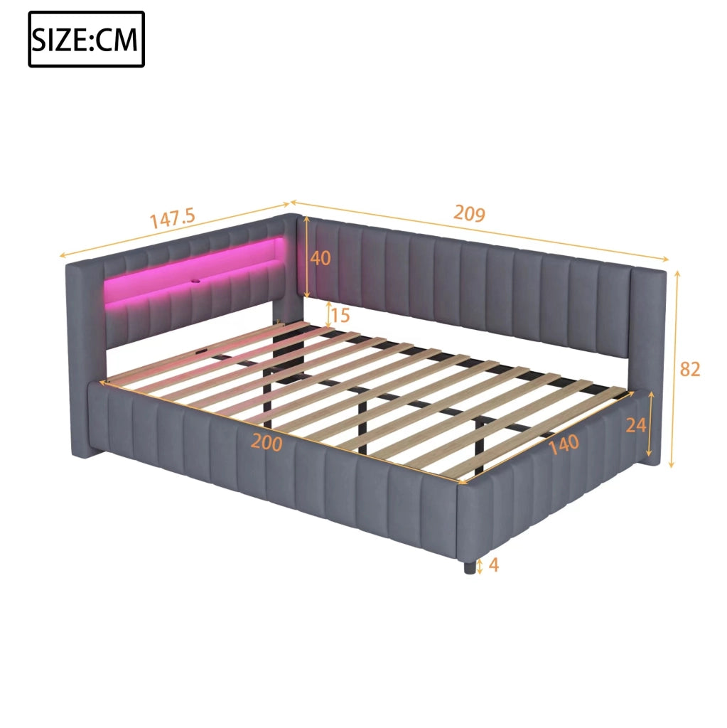 Letto imbottito a L 140x200 cm con LED e porta USB in velluto grigio