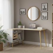 Scrivania Katherine, Scrittoio multiuso, Tavolo per ufficio porta PC, Piano di lavoro, 145x81 h76 cm, Bianco e Quercia