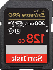 Carta di Memoria SanDisk Extreme PRO SDXC UHS-I 128 GB (4K UHD Leessnelheden Tot 200 MB/s Class 10 UHS-I U3 V30 2 Anni Garanzia RescruePRO Deluxe Software Garanzia a Vita) Nero - Alta Capacità