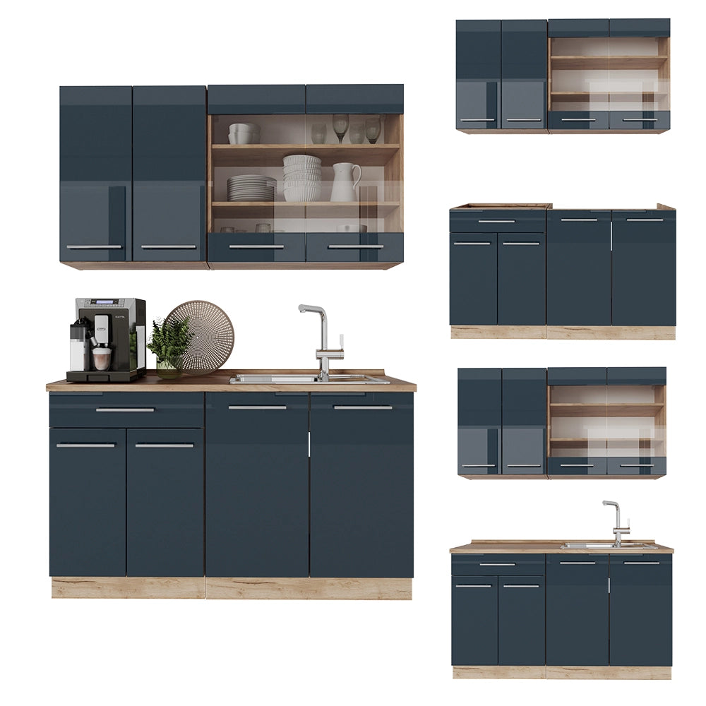 Cucina singola Fame-Line Blu scuro lucido/Rovere dorato 140 cm, PL Antracite Vicco