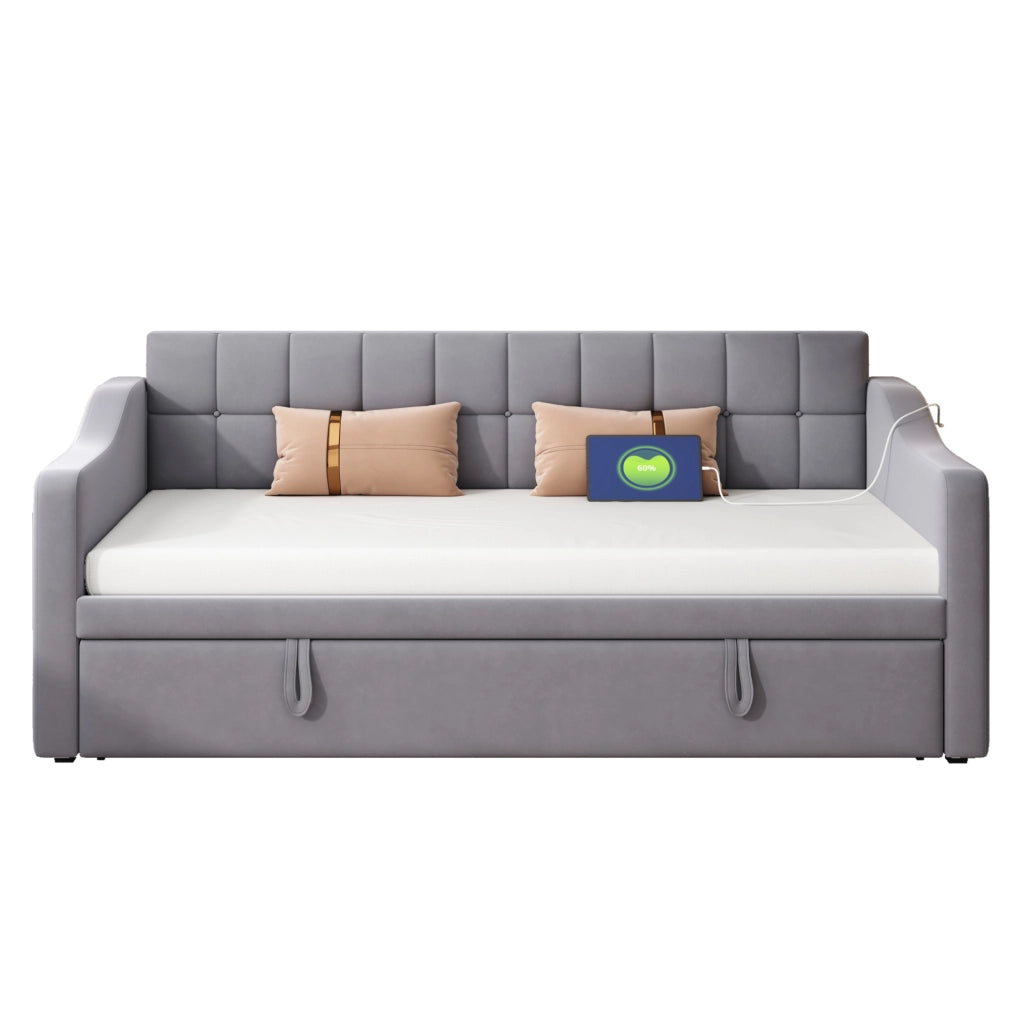 Letto imbottito 90x190 cm grigio in velluto con USB e rete estraibile