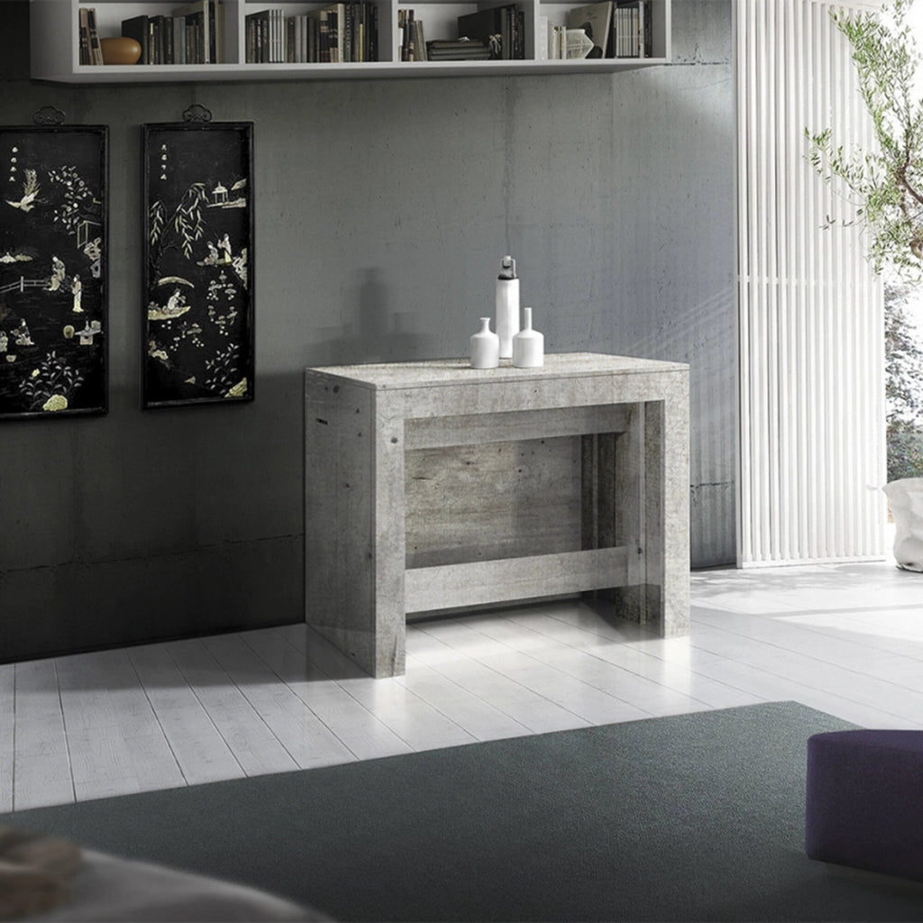 Tavolo da pranzo Anello, Made in Italy, Consolle allungabile fino a 12 posti, con portallunghe, cm 51/300x90h77 Cemento
