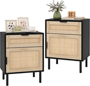 Set di 2 Comodini con Cassetto e Anta, Tavolini in Rattan Stile Bohémien Salvaspazio, Mobiletto Armadietto per Camera da Letto, Soggiorno e Ingresso, 45 x 30 x 59 cm (Nero)