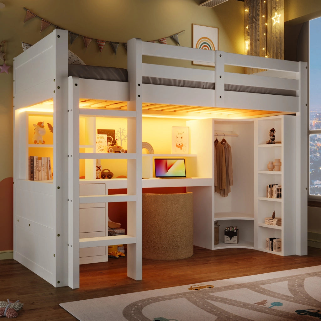 LETTO a soppalco 90x200 cm Legno massello Bianco con LED, scrivania e armadio
