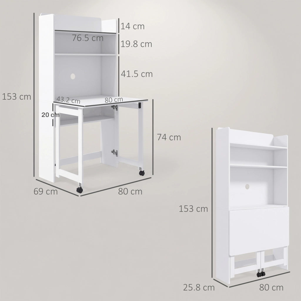 Scrivania Pieghevole con Libreria 4 Ripiani ¨C zephmum ¨C 80x69x155 cm Bianco