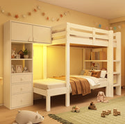 Letto a castello sfalsato 90x200 cm con luce LED notturna; armadio; ripiani e cassetti; bianco
