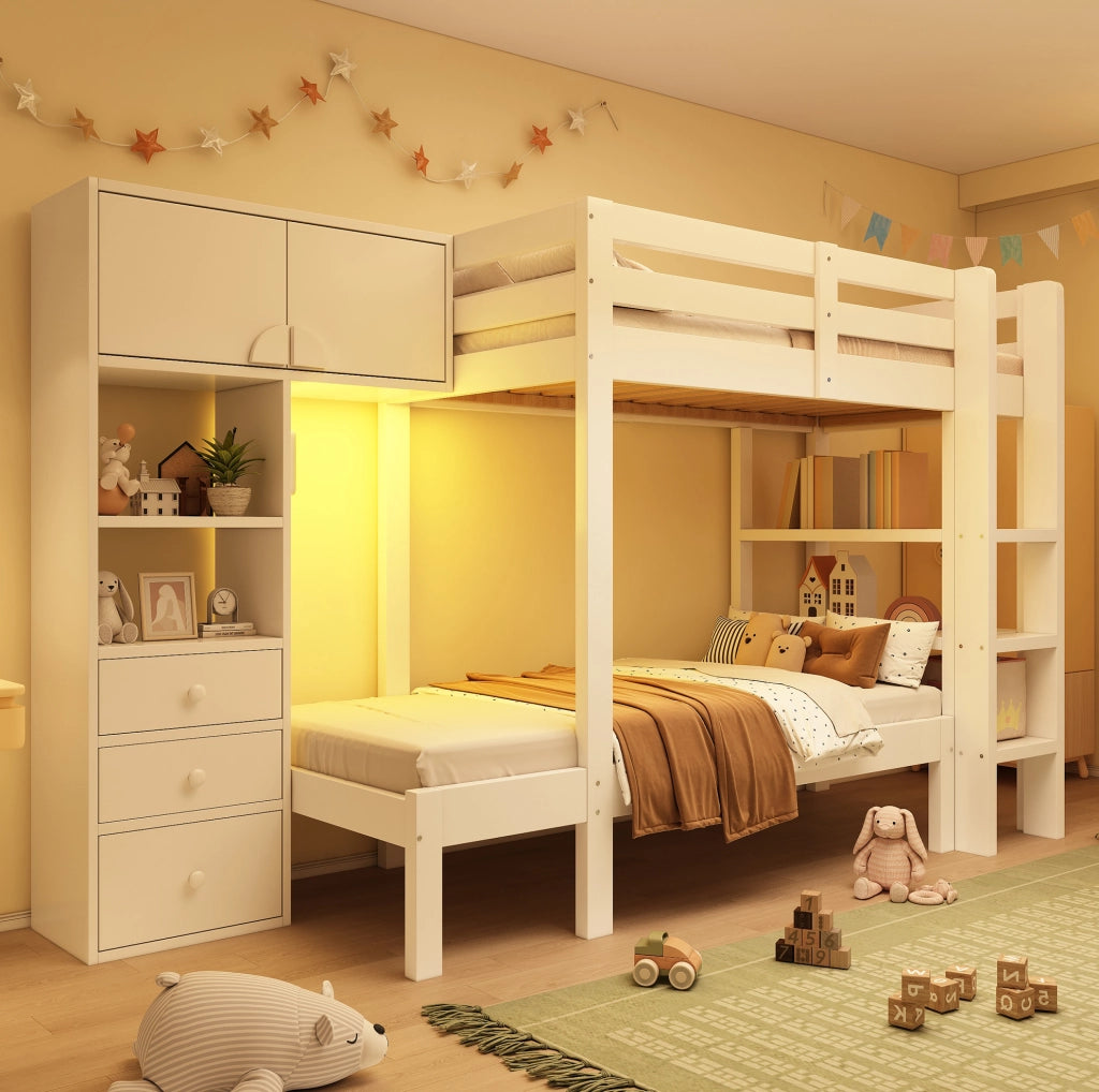 Letto a castello sfalsato 90x200 cm con luce LED notturna; armadio; ripiani e cassetti; bianco