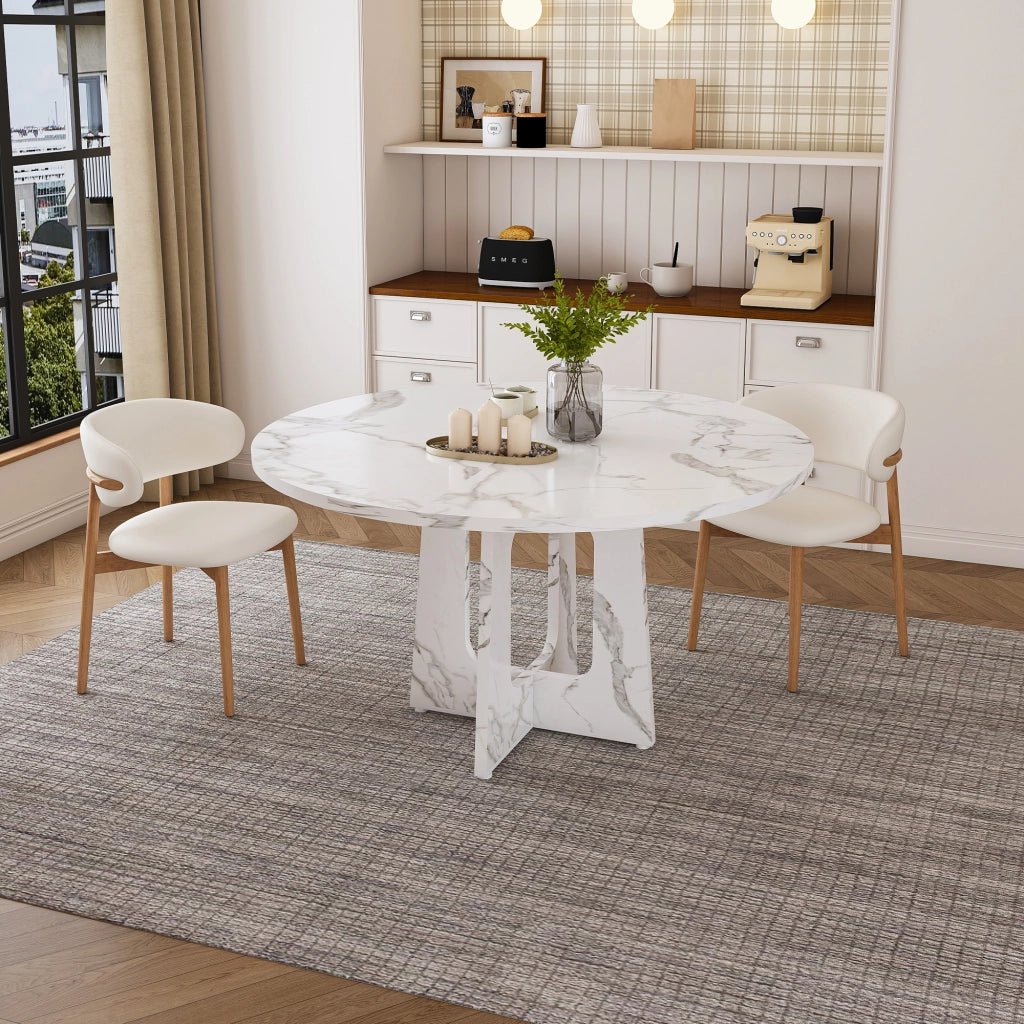 Tavolo da pranzo rotondo stabile in MDF con effetto marmo bianco per 4-6 persone per cucina e soggiorno Ø 120 × 76 cm