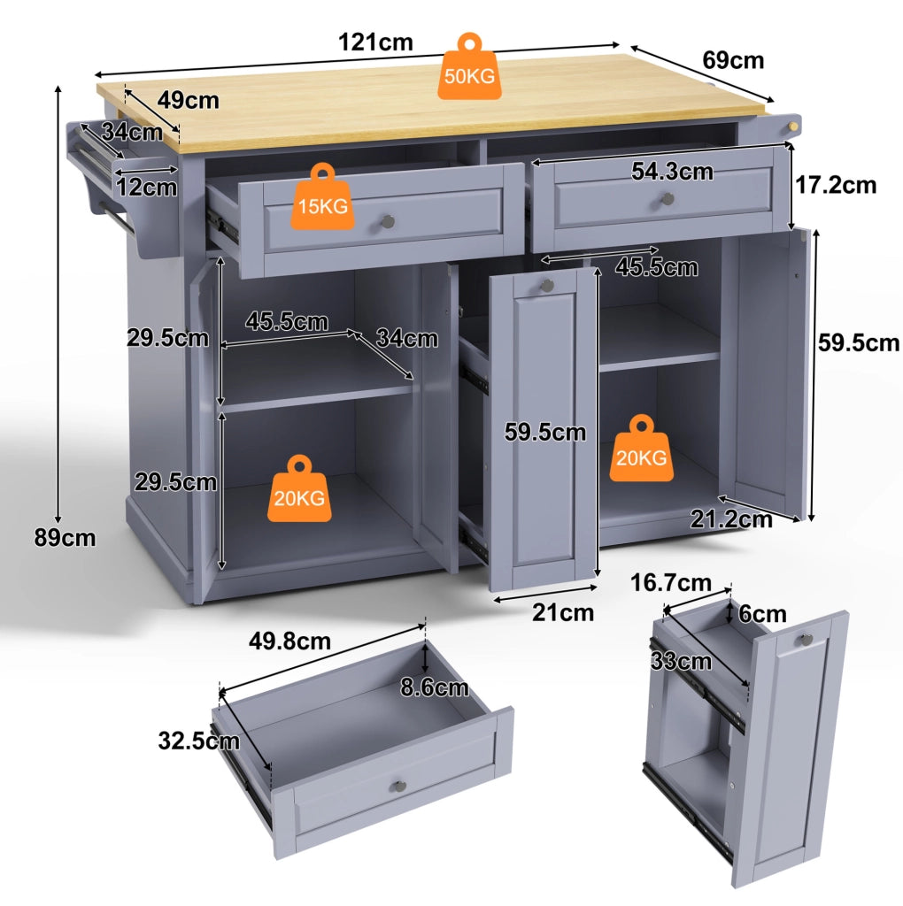 Isola da cucina con piano ribaltabile 121x49(69)x89 cm in MDF naturale e grigio
