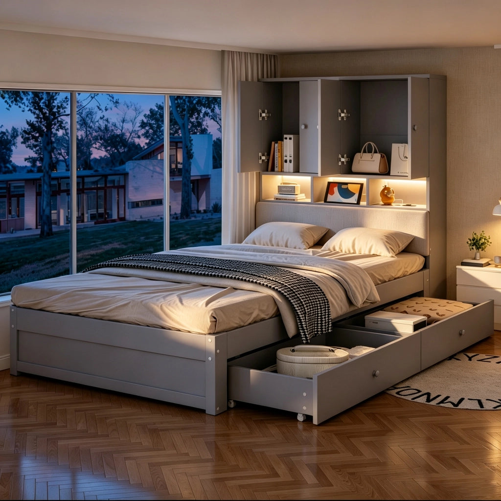Letto singolo per bambini 90x200 cm con testiera imbottita; vani; LED; presa elettrica; cassetto e rete; legno grigio