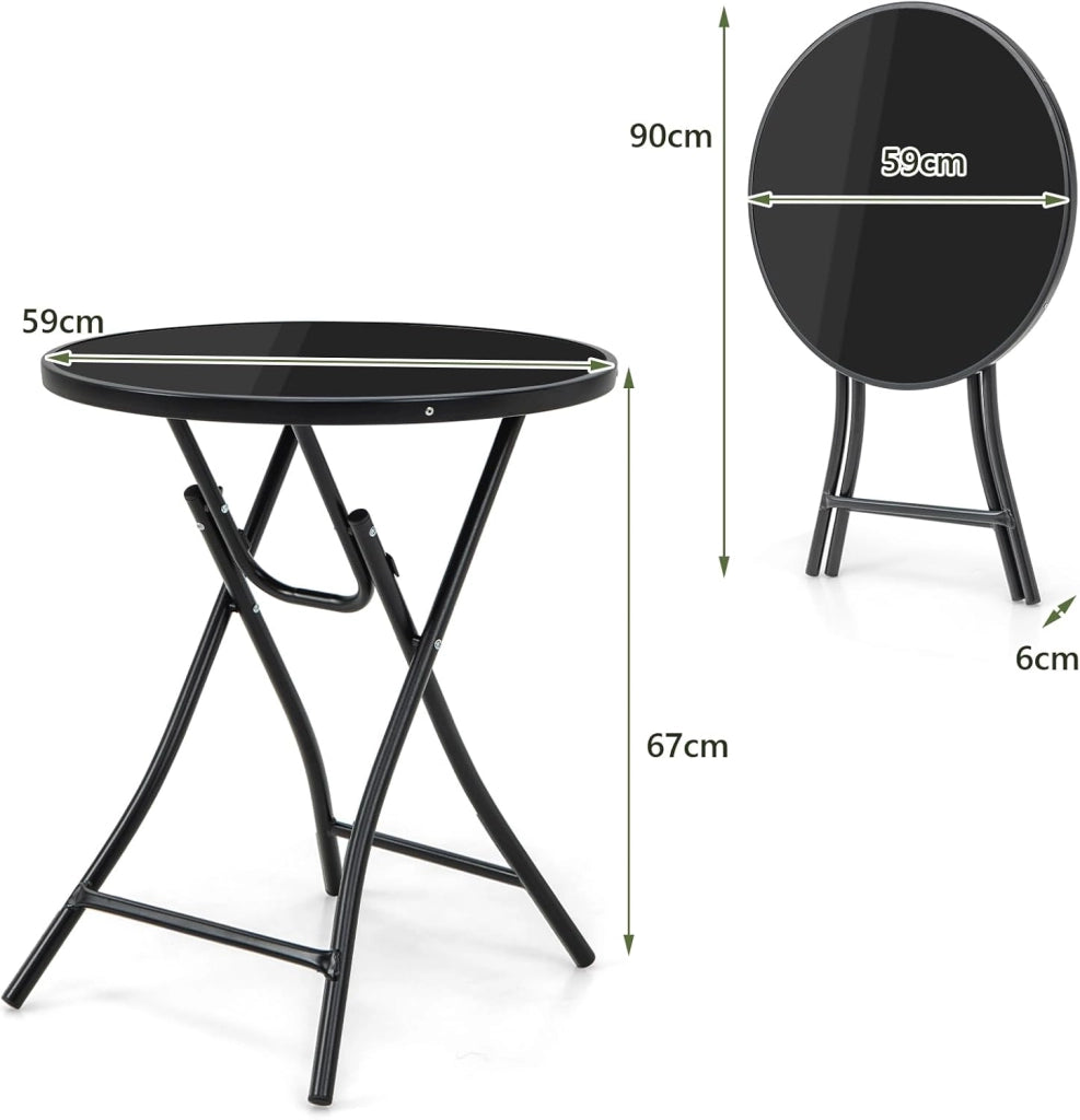Tavolino Pieghevole da Giardino, Tavolino Rotondo Ø 59 cm, Tavolini da Esterno con Ripiano in Vetro Temperato, Tavolo da Balcone Struttura in Metallo, per Terrazza, Veranda, Piscina, Nero
