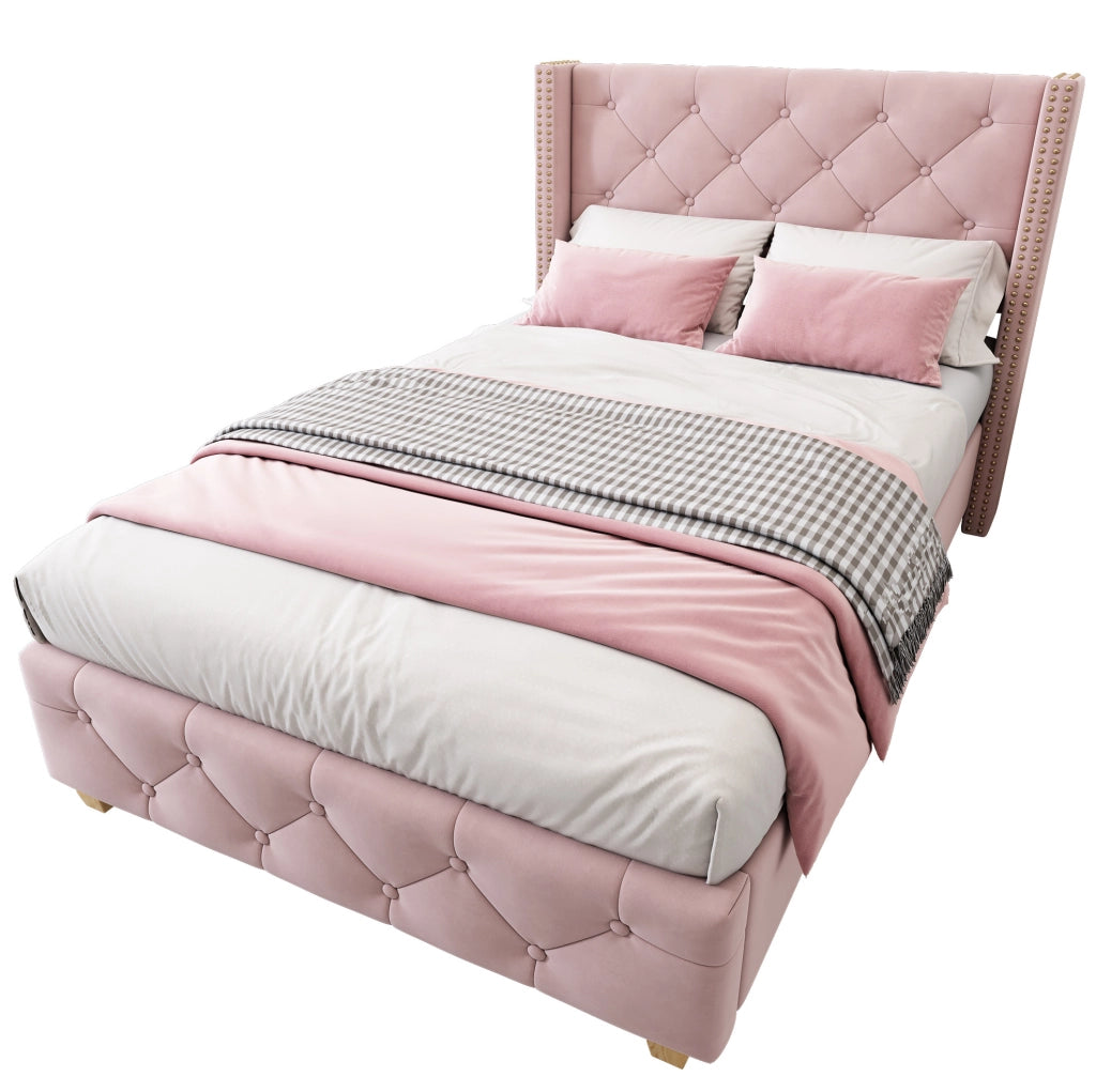 Letto singolo imbottito in velluto rosa 90x200 cm con rete a doghe