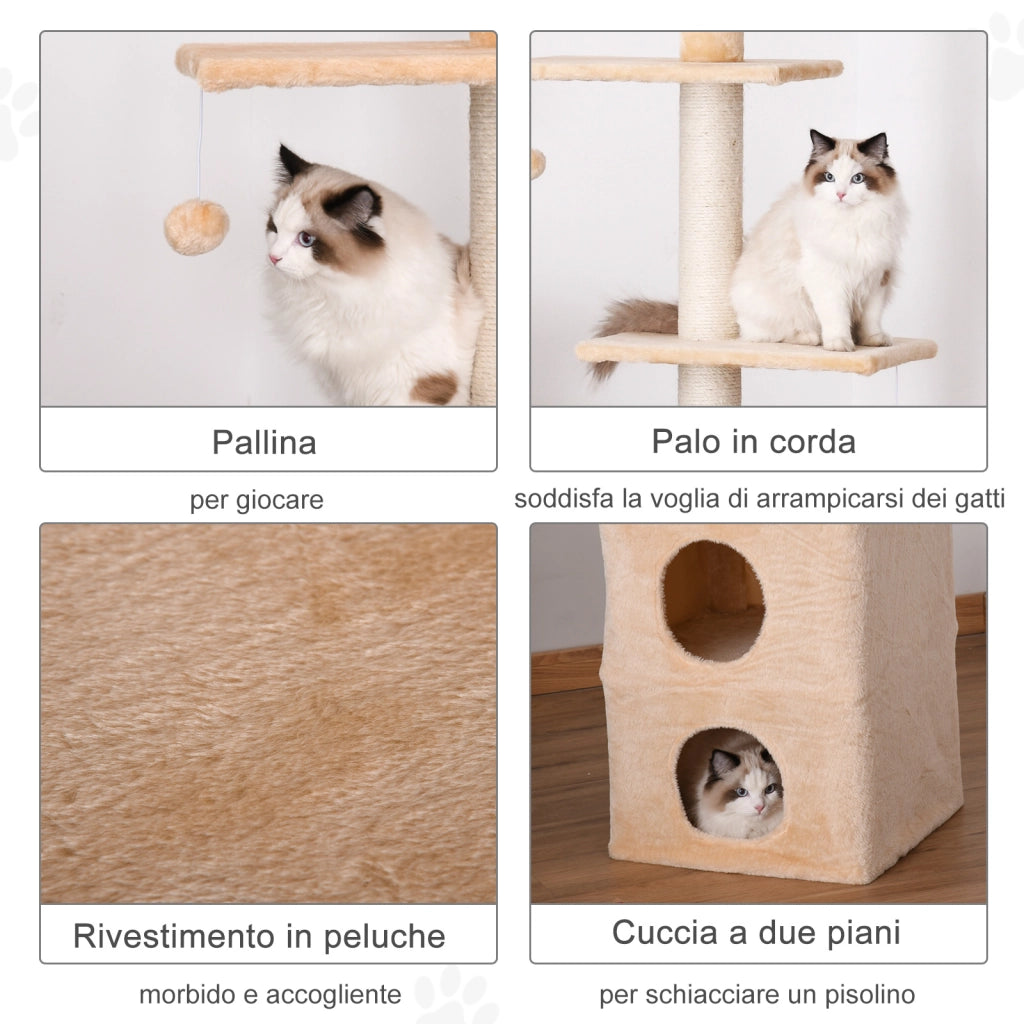 EasyComfort Tiragraffi a Soffitto Multilivello 220-245cm Palestra per Gatti con Cucce, Piattaforme e Corde in Juta, Giallo