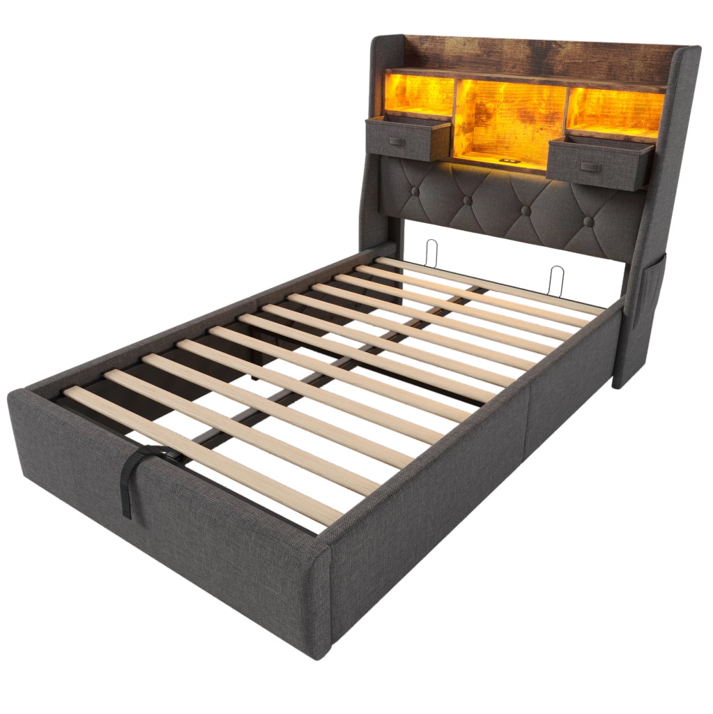 Letto imbottito 90x200 cm in lino grigio con contenitore idraulico; testiera LED e porte USB
