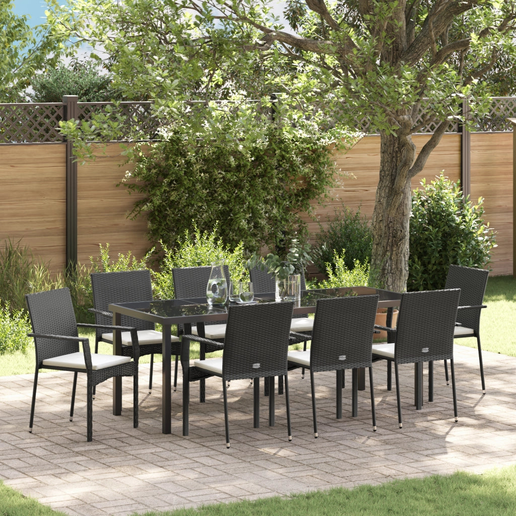 Set pranzo giardino 9 pezzi cuscini Nero Polyrattan