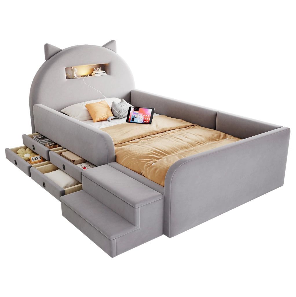 Letto per bambini 90x200 cm con testiera con contenitore; luce notturna e USB; rivestito grigio chiaro