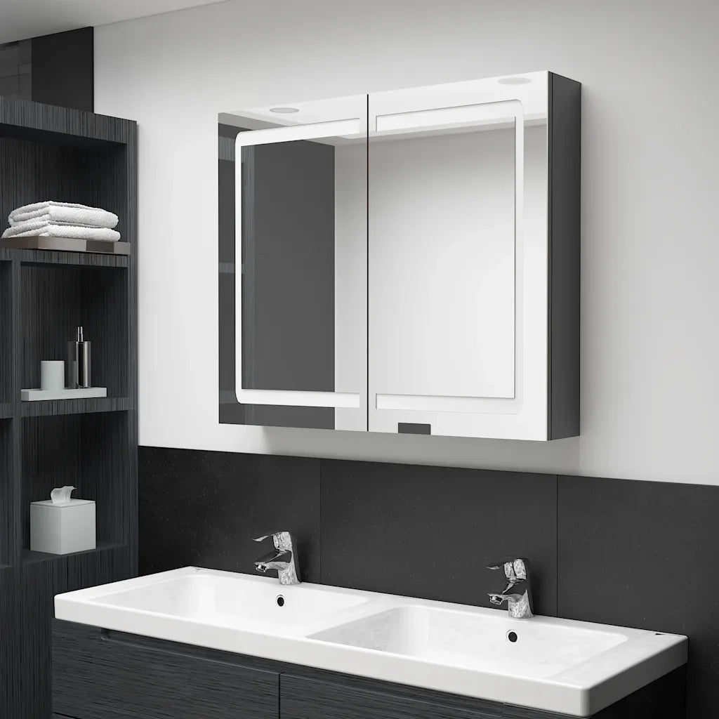 Armadietto Bagno | Armadio da bagno con Specchio e LED Grigio Lucido 80x12x68 cm