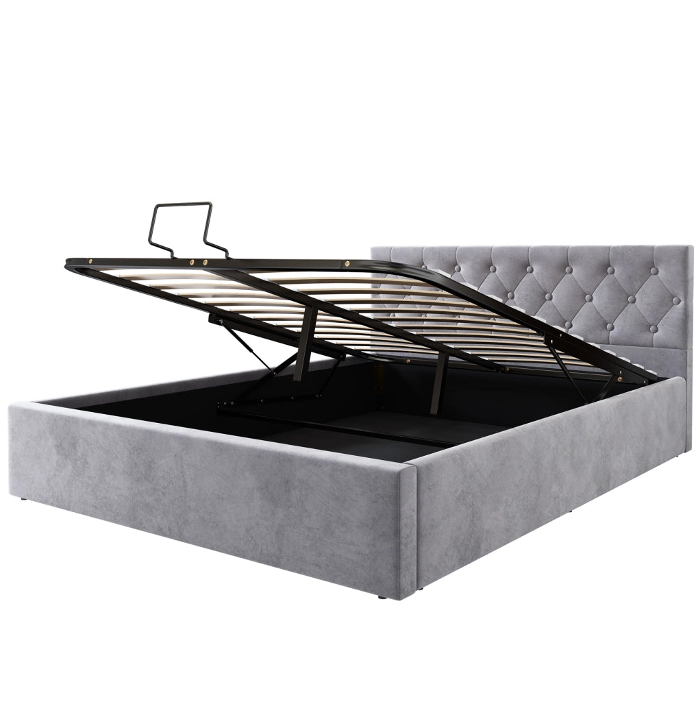 Letto imbottito in velluto grigio 140x200 cm con testiera capitonn茅 e contenitore idraulico