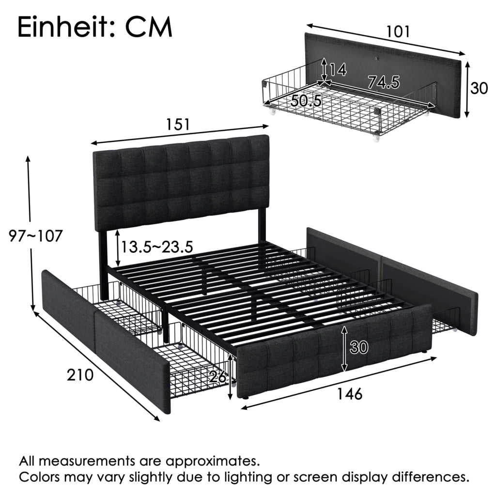 Letto imbottito matrimoniale 140x200 cm con 4 cassetti; testiera regolabile; nero