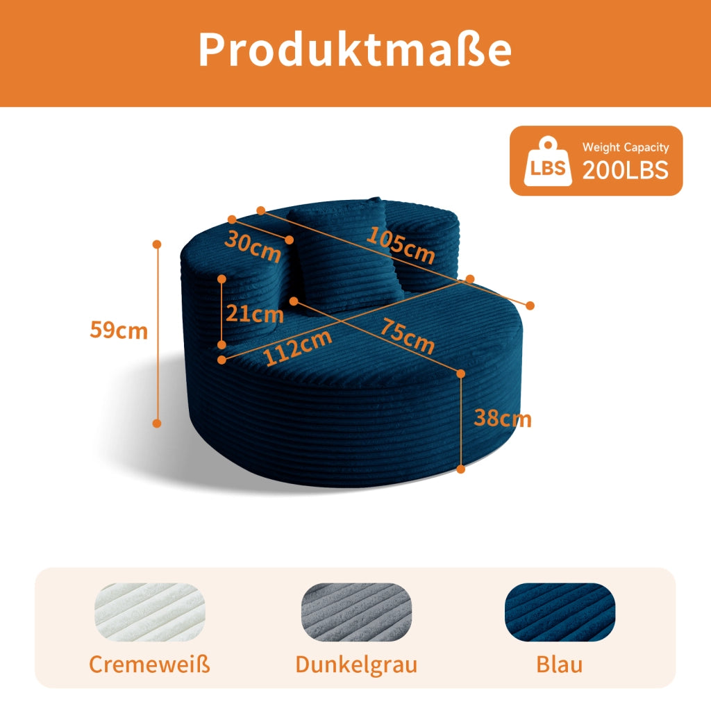 Poltrona pouf con cuscino e imbottitura in schiuma in tessuto a coste blu 112×105×59 cm