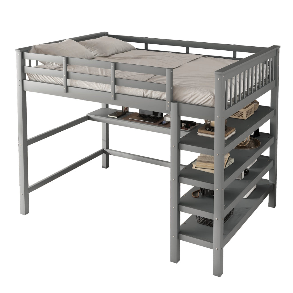 Letto a soppalco 140x200 cm con scrivania e ripiani grigio