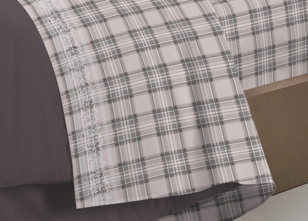 Completo Lenzuola Flanella Pensieri Delicati 100% Cotone Disegno Orsetto Tartan - Singolo - Grigio