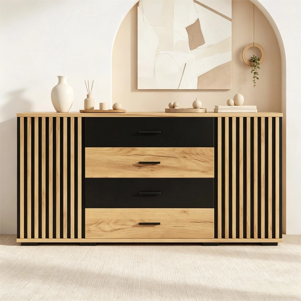 Credenza con 4 cassetti e 2 ante per soggiorno in MDF 140×35×70 cm nero e rovere