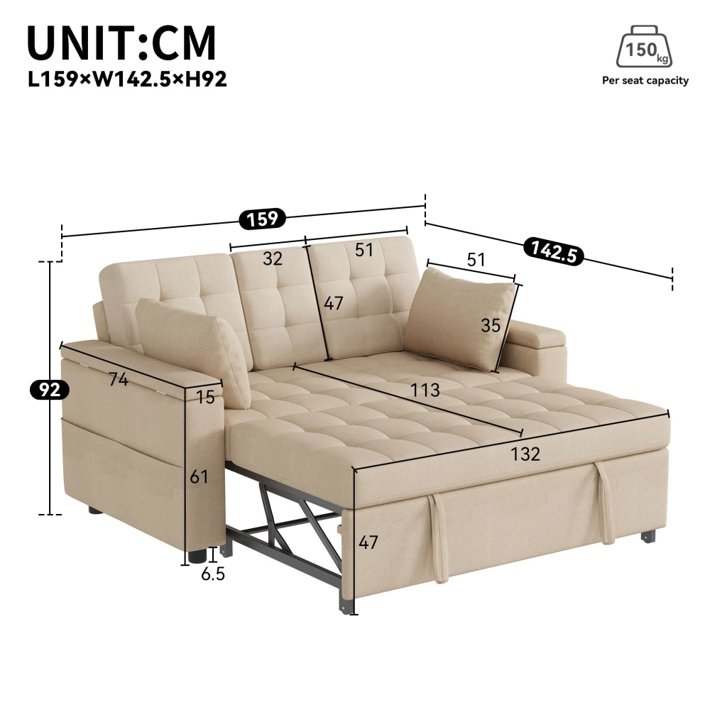 divano letto 2 posti con schienale regolabile; vani laterali e 2 cuscini; cotone e lino beige