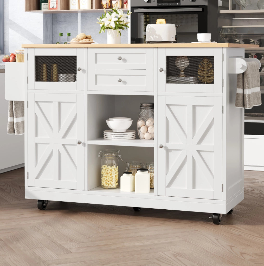 Isola cucina pieghevole con ruote, piano MDF e contenitore