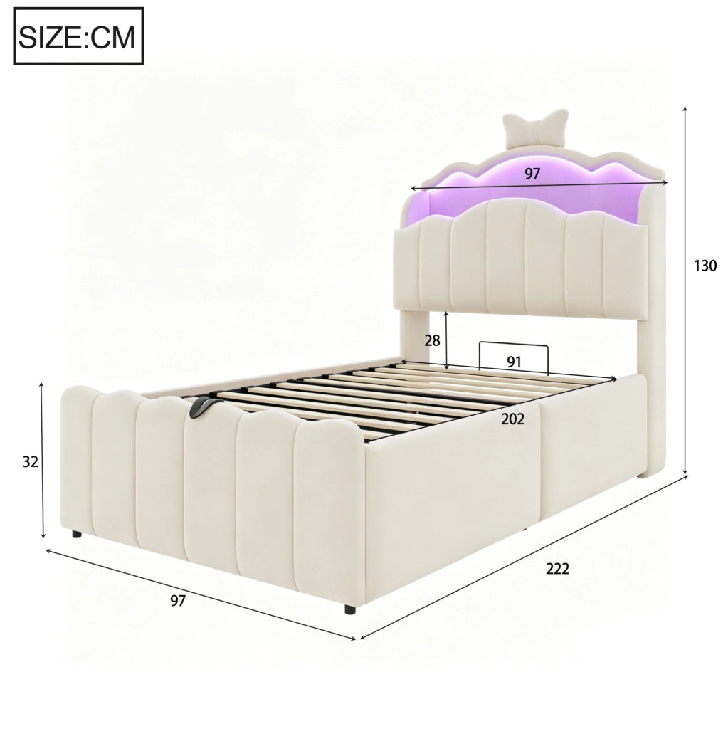 Letto imbottito per bambini 90 x 200 cm beige con LED e contenitore