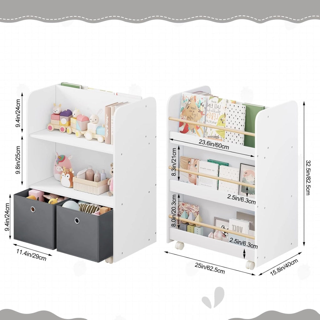 Libreria per Bambini con Ruote 2 in 1, Porta Libri e Giocattoli, Libreria a 3 Ripiani e Portagiochi con Scatole e Scomparti Aperti per Camerette, Asili, in Legno, Bianco, 62,5x40x82,5cm