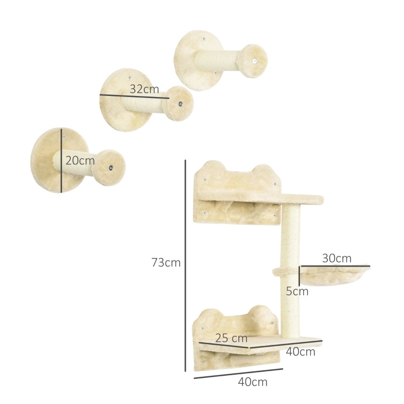 Set da parete per gatti 4 pezzi con tiragraffi, amaca e piattaforma, colore beige