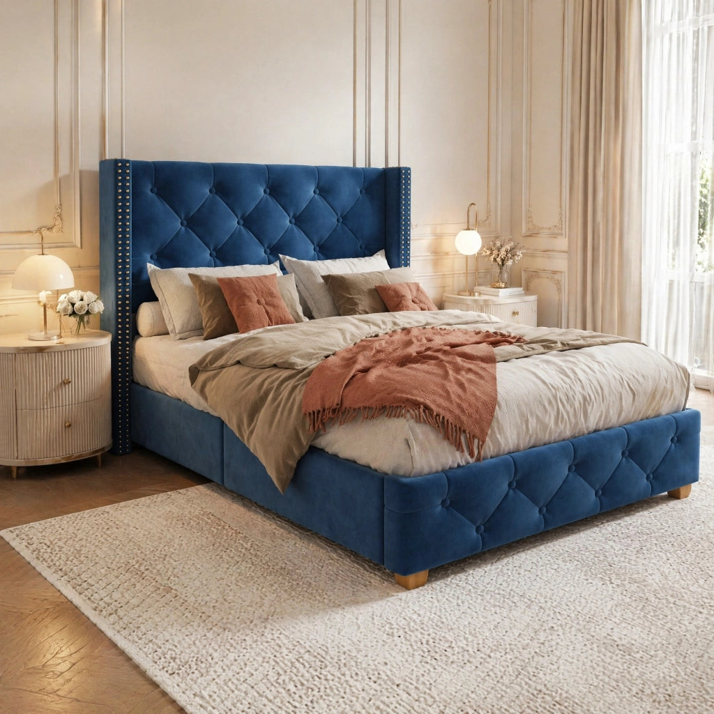 Letto imbottito 90x200 cm in velluto blu con testiera capitonné, rete a doghe e gambe in legno