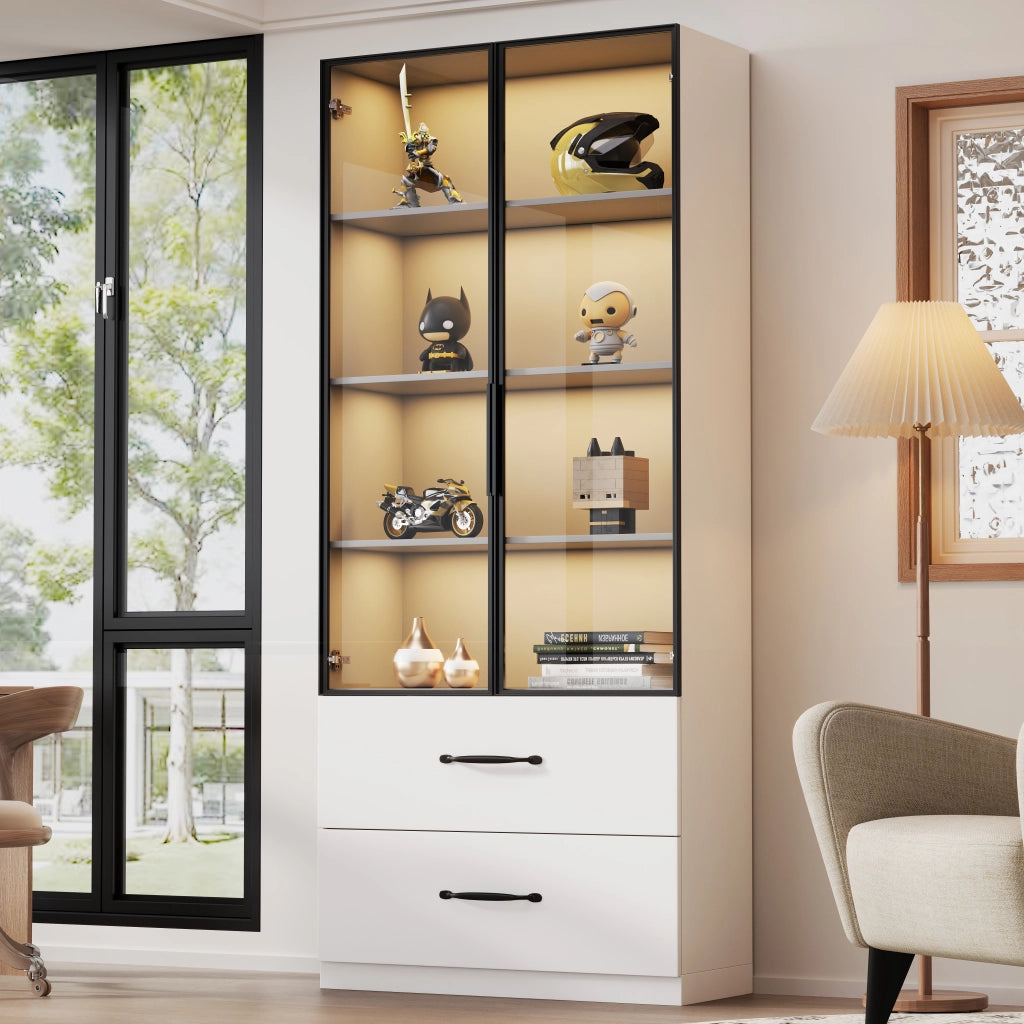 Vetrina con 2 Ante in Vetro Temperato e 2 Cassetti; LED Multicolore; Telaio in Alluminio; in Pannelli di Particelle; Bianco; 60??40??160 cm
