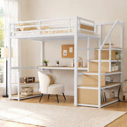 Letto a soppalco in metallo con scala contenitore, scrivania e ripiani, 140x200 cm, bianco