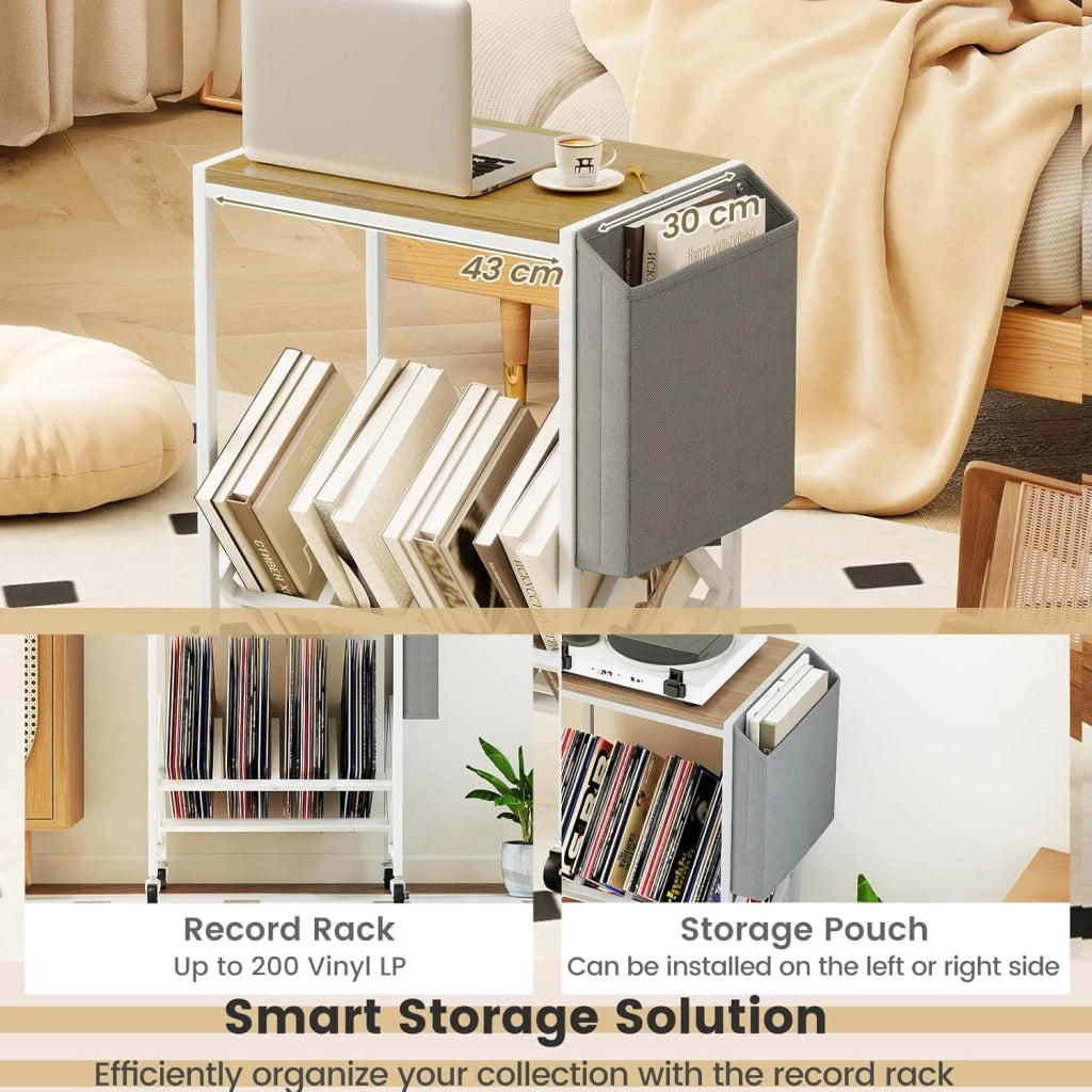 Supporto per Giradischi con Ruote, Mobile Vinili con Sacchetto di Stoffa e Ripiano, Espositore per Dischi per Presentazioni in Metallo per Ufficio, Soggiorno, Camera da Letto (Naturale)