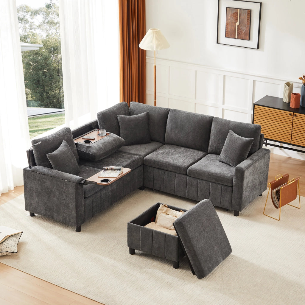 Divano angolare convertibile con funzione letto, usb e type-c, pouf contenitore in chenille grigio 205 × 205 × 85 cm
