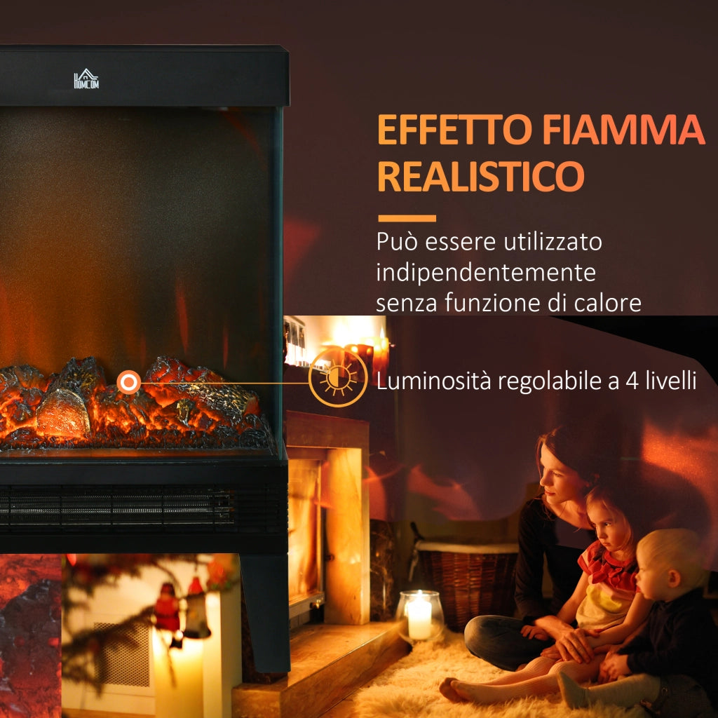 EasyComfort Camino Elettrico 1000W / 2000W con Fiamma LED Realistica e Controllo Temperatura, 40.5x20x62 cm, Nero
