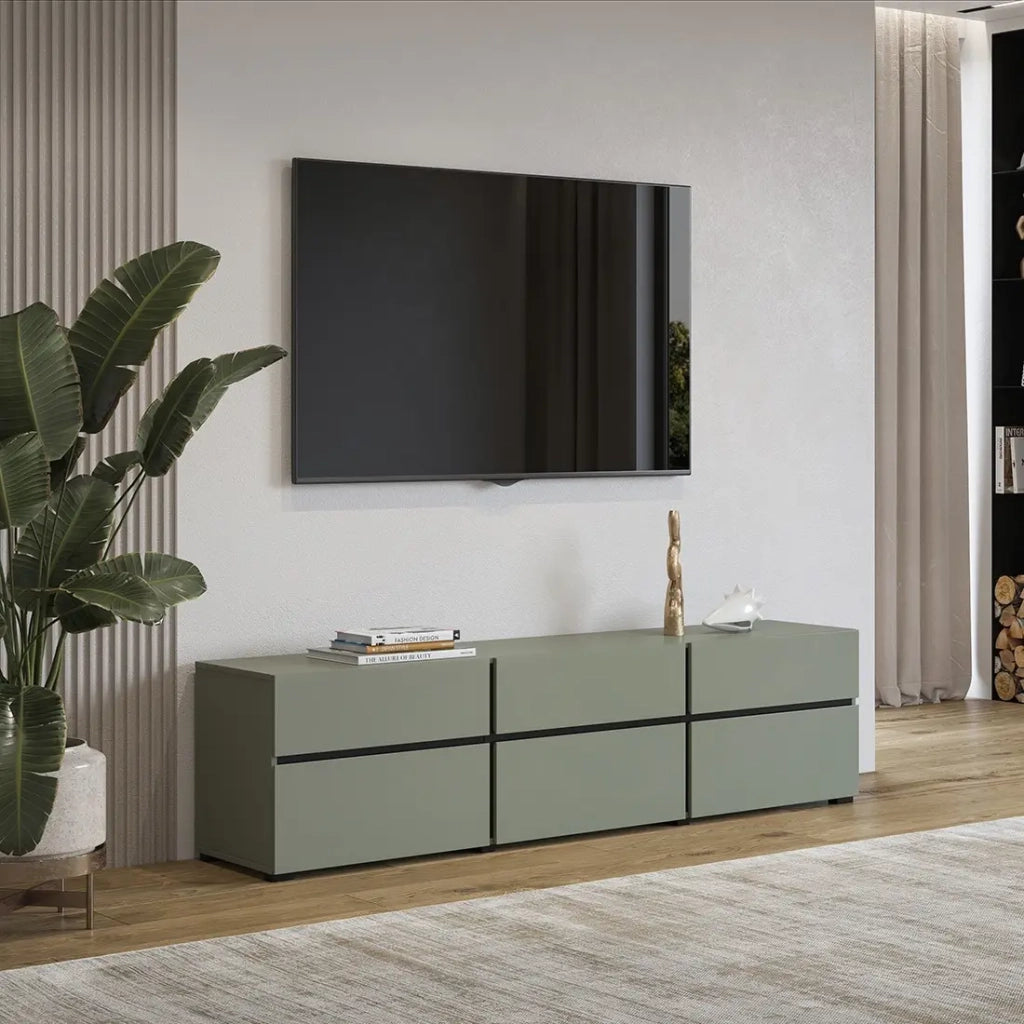 Mobile TV colore verde salvia 180cm collezione HAVANA. Mobile design con 3 porte e 3 cassetti.