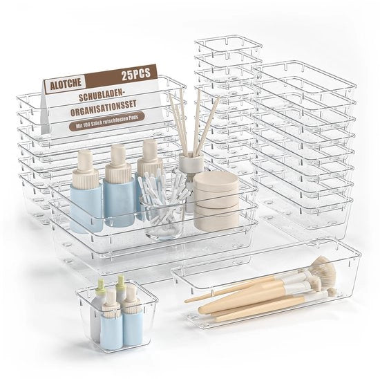 Set di organizzatori per cassetti in plastica trasparente da 25 pezzi, contenitori multifunzionali per ufficio e cucina, organizzatori per prodotti di bellezza e accessori da cucina, organizzatori per cassetti trasparenti per camera da letto e ufficio