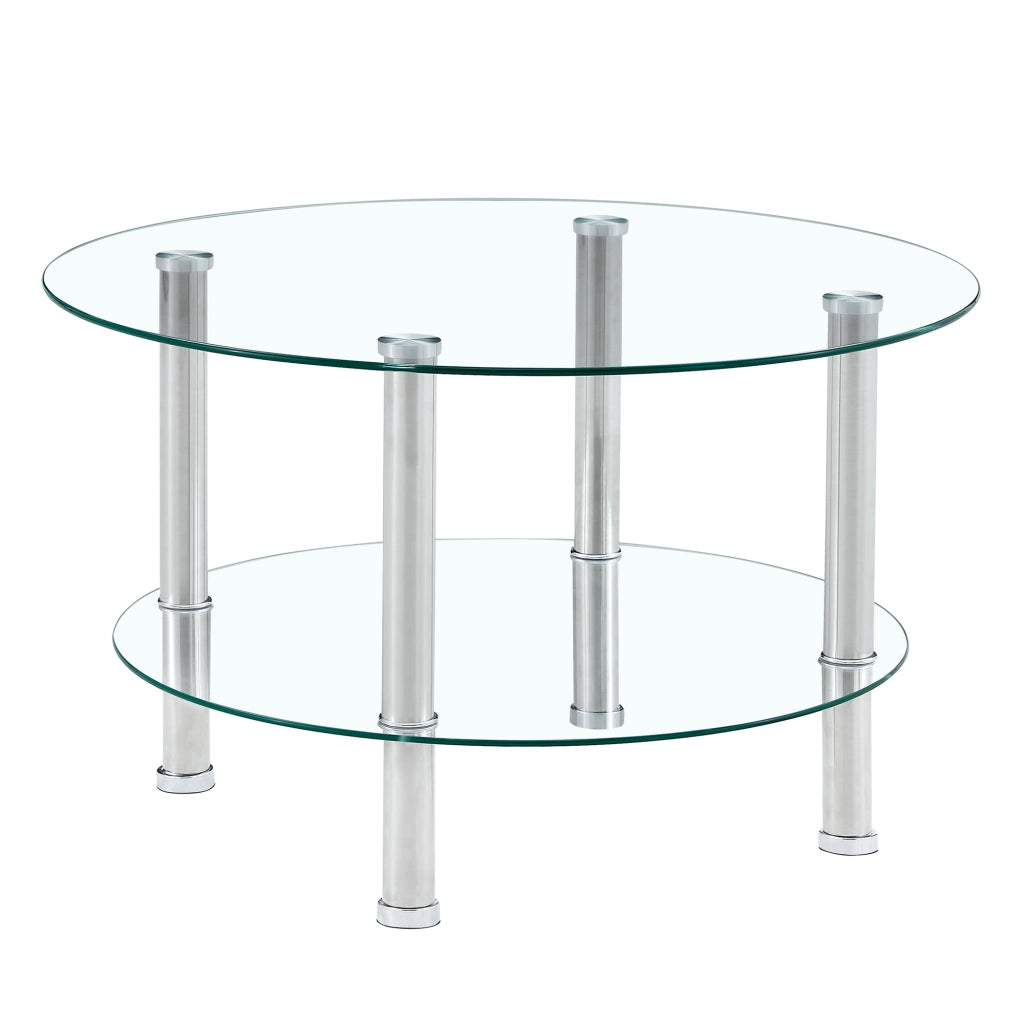 TAVOLINO DA SALOTTO a 2 livelli Ø70/60 cm Vetro Trasparente e Metallo Argento