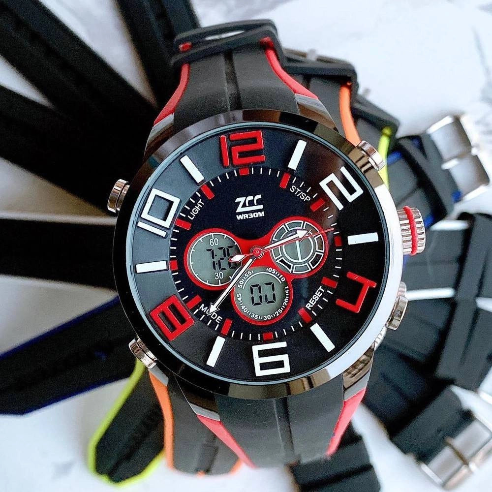 Trade Shop - Orologio Da Polso Zcc Uomo Dual Time Analogico Digitale Sveglia Sport Rosso Nero -