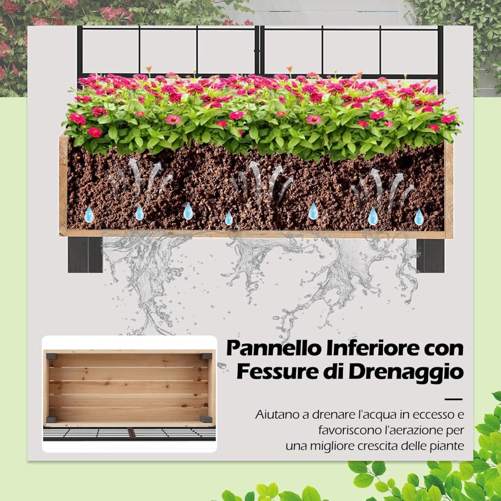 Letto da Giardino Rialzato con Traliccio in Metallo e Drenaggio, Fioriera in Legno Sopraelevata per Piante Rampicanti, Fioriera da Interno ed Esterno per Patio, Balcone e Cortile