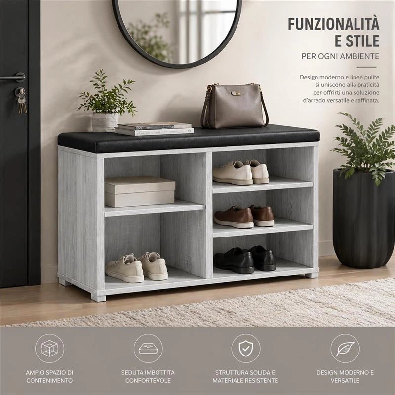 SCARPIERA IN MDF COLOR BIANCO LEGNO CON RIPIANI E SEDUTA IN SIMIL PELLE NERA DIMENSIONI 80X30X47 CM
