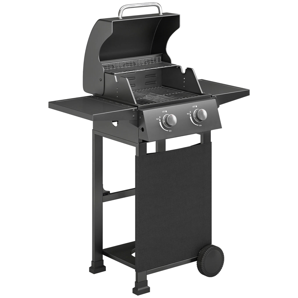 Barbecue a Gas Propano 95x53x111,5 cm con 2 Bruciatori Ripiani e Coperchio con Termometro in Acciaio Nero
