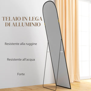 Specchio da Terra e Parete Moderno con Supporto Pieghevole 50x170 cm in Lega di Alluminio Nero